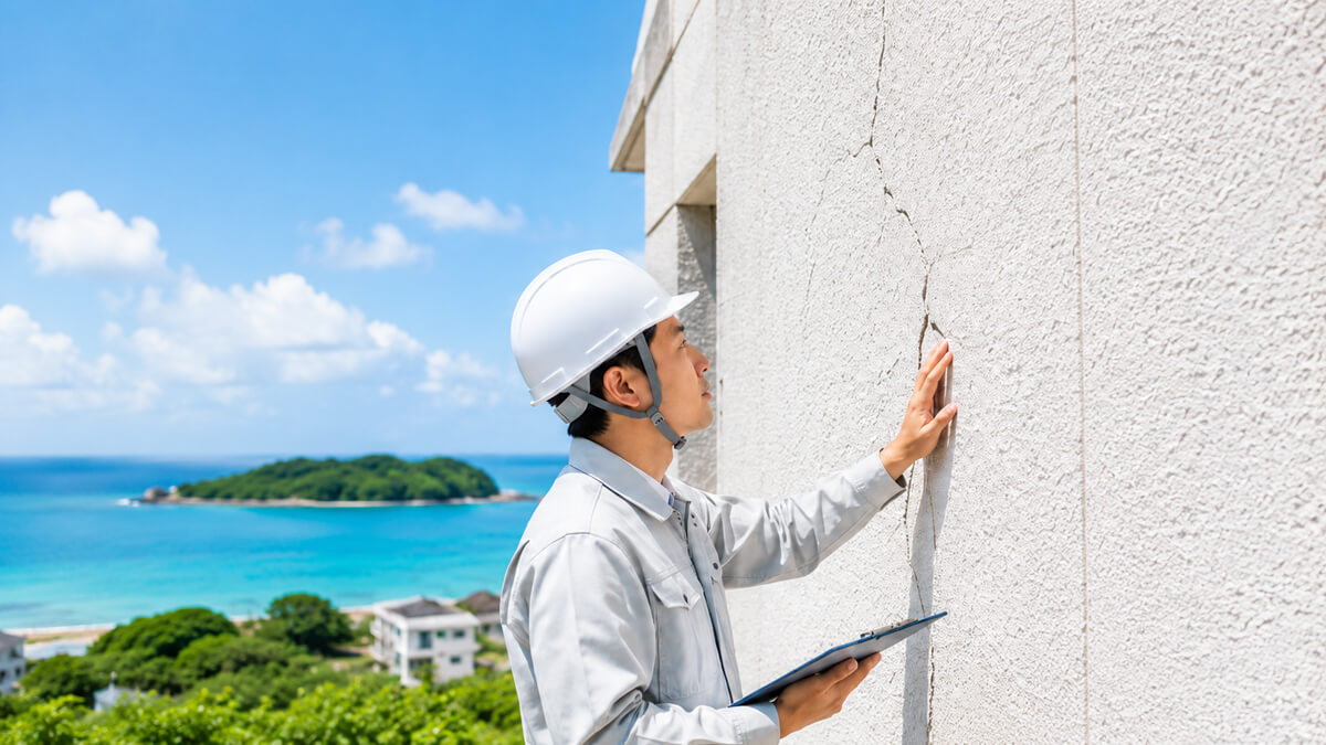外壁のひび割れを確認する作業員