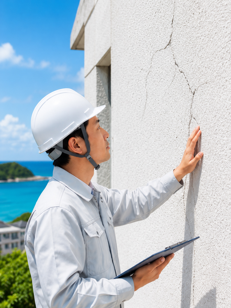 外壁のひび割れを確認する作業員